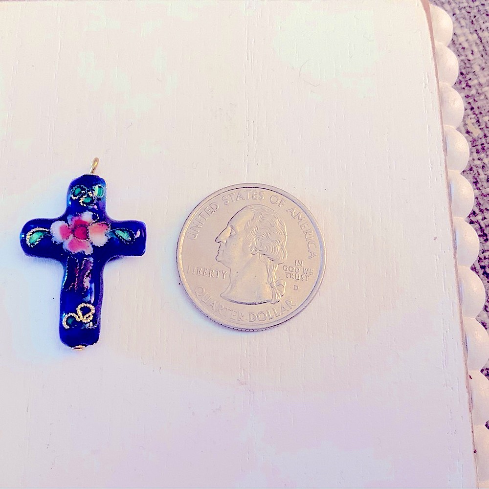 Vintage cobalt blue cloisonne cross with flowers